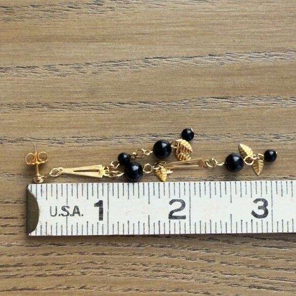 Vintage Gold & Black Beaded Dangle Earrings With Leaf Accents - Picture 4 of 7